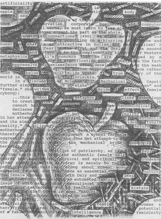 Artwork by Ira Livingston, untitled drawing, mixed media within the text "The female cyborg: Feminism and postmodernism." by Judith Halberstam